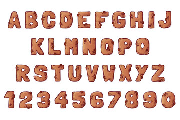 Gingerbread cartoon alphabet. Font from letters and numbers in the form of gingerbread with chocolate chips. Cookie lettering. Isolated objects for books, textile, cards. Vector cartoon style.