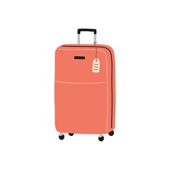 Tourist luggage with bag tag attached to handle. Wheeled baggage, travel case for holiday, tourism, voyage, journey. Colored flat vector illustration isolated on white background