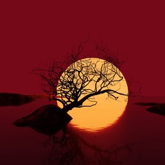 een mooie foto voor meditatie. gebogen boom eiland silhouet tegen de achtergrond van de zon. 3D render, 3D illustratie
