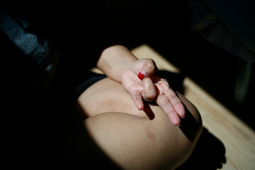 Close up of woman hand in mudra gesture practice yoga meditation at home