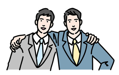 肩を組んで前向きな笑顔のスーツを着た二人の若い男性
