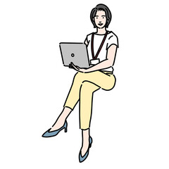 足を組んでラップトップで仕事をしている若い女性

