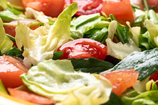 Piatto con insalata fresca a base di lattuga, pomodori e rucola, condita con olio di oliva 