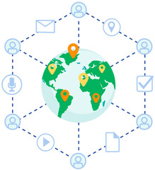 Virtual network symbols of internet. Worldwide connection, global system community concept. Communication with users using social media services. World Internet, network connection around planet