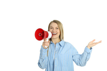 Young woman with megaphone, isolated on white background