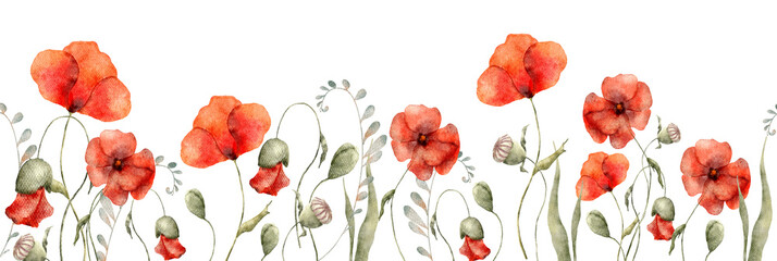 Watercolor red poppy flowers border hand drawn illustration