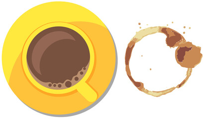 Coffee or tea stain, splashes of cups, mugs and drops. High quality abstract shape for menu, bar, cafe, restaurant. Ink, paint or other liquid cup stain. Trace from mug with drink vector illustration