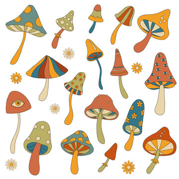 Set Of Retro Hippie Mushrooms In 60s 70s. Retro 70's Psychedelic Groovy Mushroom. Vintage Boho Illustrations. Vector Illustration Isolated On A White Background.