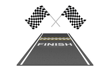 Race car track with finish line and flags perspective view. Road design template in flat style background. Vector Kart race. Abstract concept graphic element - obrazy, fototapety, plakaty