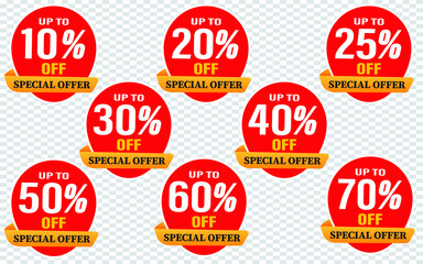 10,20,25,30,40,50,60,70,80 percent special offer. Speech bubble tag with ribbon