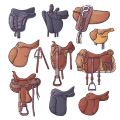 Different types of horse riding saddles. Collection equestrian ammunition - dressage, show jumping, universal, vaulting, Australian, drill, western, race and lady's saddles. Set elements for horses.
