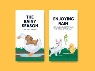 Instagram template with children rainy season concept,watercolor style