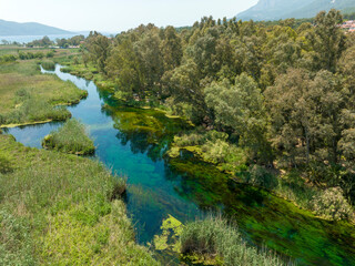 Fototapeta na wymiar Turkey Akyaka Azmak River, Travel concept photo, landscape view from above with drone