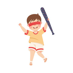 Little Boy with Wooden Stick Ready to Hit Pinata at Birthday Party Vector Illustration