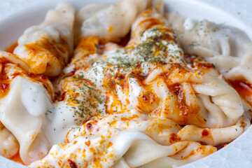 Georgian Dumplings Khinkali with Meat, Tomato Sauce and Spices / Hingel. (or Cerkes manti)