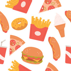 Fast Food vector seamless pattern with hamburger,hotdog,pizza,beverage,fries,
cheeseburger,ice cream,donut. Restaurant menu background.