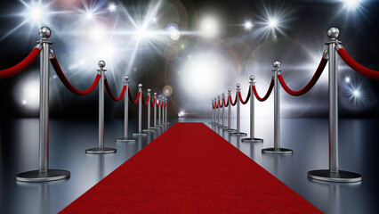 Red carpet and velvet ropes against night background with flashlights. 3D illustration