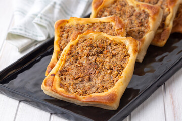 Traditional delicious Turkish foods; Kaytaz pastry with minced meat of Turkey Hatay - Antakya...