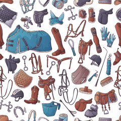 Horse ammunition and rider clothing. Seamless pattern of equestrian equipment for wrapping, backgrounds, wallpapers, textile composition. Elements for horses. Vector hand drawn style illustration.