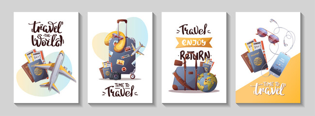 Set of cards for travel, tourism, adventure, journey. Suitcase, airplane and globe, camera, travel bag, passport and tickets, handwritten phrases. Vector illustration, postcar, cover, poster template.