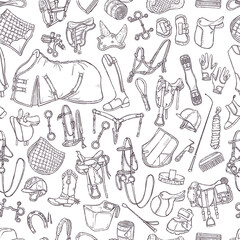 Horse ammunition and rider clothing. Seamless pattern of equestrian equipment for wrapping, backgrounds, wallpapers, textile composition. Elements for horses. Vector hand drawn sketch.
