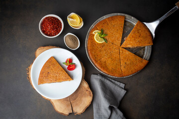 Traditional food of Antakya - Turkey, oruk in the tray. (Turkish name; Tepside icli kofte, tepside oruk, tepsi orugu, sini kofte) Hatay Oruk food.