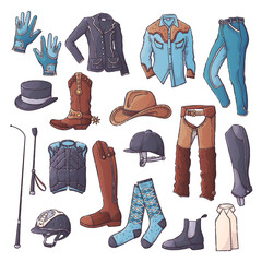 Big collection equestrian equipment. Horse ammunition and rider clothing for backgrounds, wallpapers, textile, postcards, t-shirt prints. Set elements for horses. Vector hand drawn style illustration.