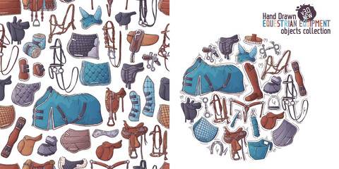 Collection equestrian equipment. Horse ammunition and rider clothing for backgrounds, wrapping, wallpapers, textile. Seamless pattern. Set elements for horses. Vector hand drawn style illustration.