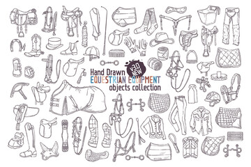 Big collection equestrian equipment. Horse ammunition and rider clothing for backgrounds, wallpapers, textile, postcards, t-shirt prints. Set elements for horses. Vector hand drawn style illustration.