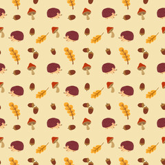 Autumn seamless background pattern with hedgehog and mushrooms