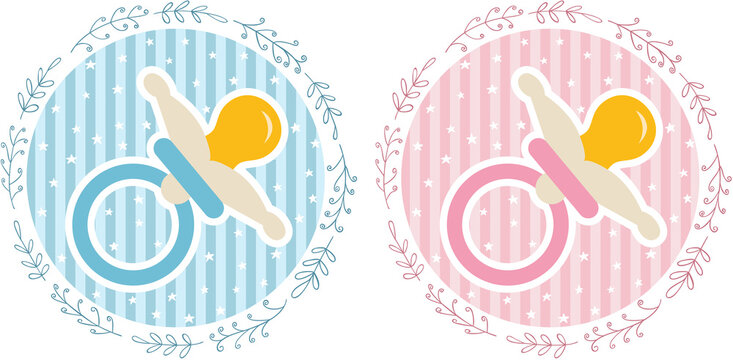 Blue and pink baby shower round sticker labels with baby pacifier