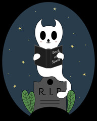 Fototapeta premium Cute ghost cat reading Book of spells. Halloween night