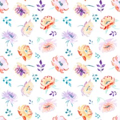 Seamless pattern with watercolor flowers , leaves.  Floral seamless pattern for textile, print, wallpaper.