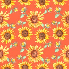 Fototapeta na wymiar Watercolor sunflowers seamless pattern, hand drawn