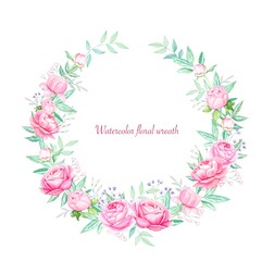 Watercolor floral wreath with peonies ,leaves . For wedding invitations.