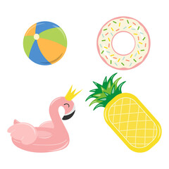 Flamingo and donut shaped inflatable pool ring, pineapple shaped inflatable mattress, water play ball. Summer elements. Vector image