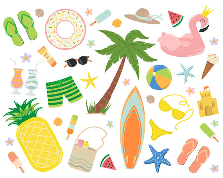 Set of summer elements: swimsuit, flip-flops, sunscreen, sandcastle, surfboard, inflatable circle, palm tree, starfish, ice cream, cocktails. Vector image. Hand drawn.
