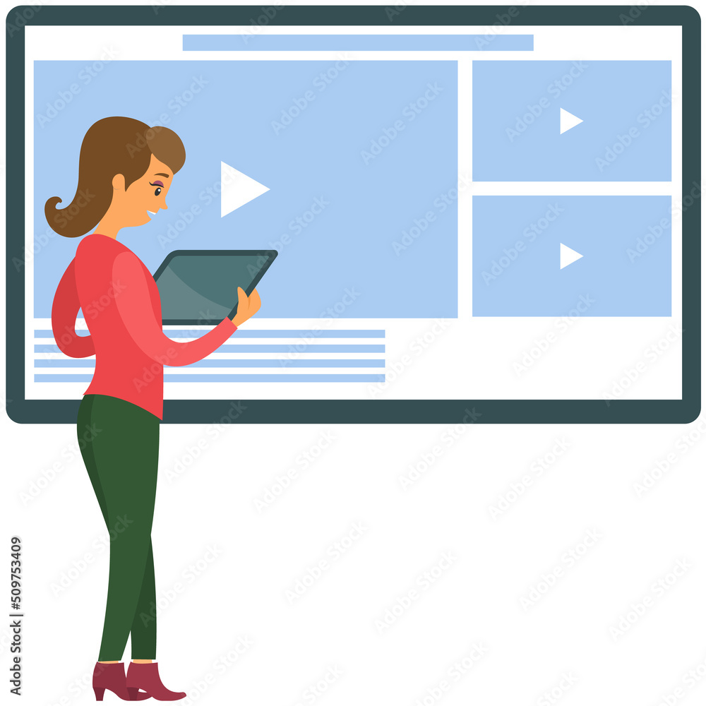 Poster girl with tablet turns on player to view lesson or video. woman using application for watching movie