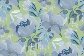 Vector floral seamless pattern in blue and green colors. Floral design for decorating surfaces.