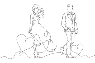Fototapeta na wymiar One continuous line.Date of lovers. Woman in a dress. A man in a suit. Meeting of lovers. Heart symbol of love. Random acquaintance.One continuous line is drawn on a white background.