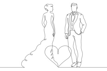 One continuous line.Date of lovers. Woman in a dress. A man in a suit. Meeting of lovers. Heart...