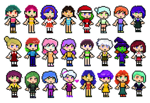Big collection of pixel female characters, retro stytle