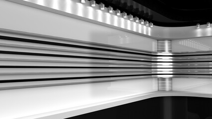 Tv Studio. Backdrop for TV shows. White background. News studio. The perfect backdrop for any green screen or chroma key video or photo production. 3D rendering.