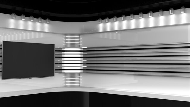 Tv Studio. Backdrop for TV shows. White background. TV on wall. News studio. The perfect backdrop for any green screen or chroma key video or photo production. 3D rendering.