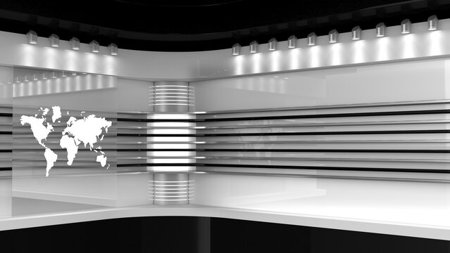Tv Studio. Backdrop for TV shows. White background. News studio. The perfect backdrop for any green screen or chroma key video or photo production. 3D rendering.