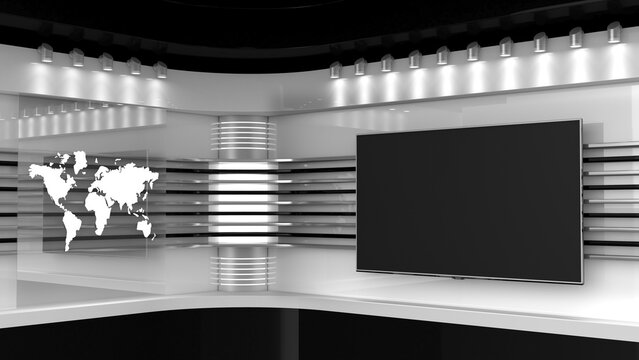 Tv Studio. Backdrop for TV shows. White background. TV on wall. News studio. The perfect backdrop for any green screen or chroma key video or photo production. 3D rendering.