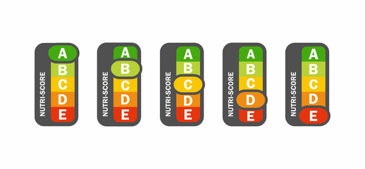Nutri-score vertical icons set. Isolatad Nutriscore stickers for packaging on white background. Food rating system signs : A, B, C, D, E. Vector illustration.
