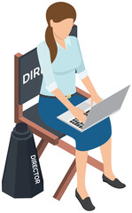 Female film director sitting with laptop and giving instructions to movie filming crew member. Fim creation process. Special effects. Entertainment and cinema industry in hollywood. Cinematography