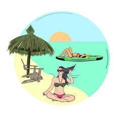 Obraz na płótnie Canvas Vector illustration of girls on the beach. Summer holidays as a print, logo, blank for designers