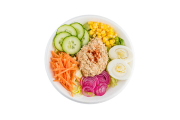 Vegetables with egg and tuna. Isolated. Top view